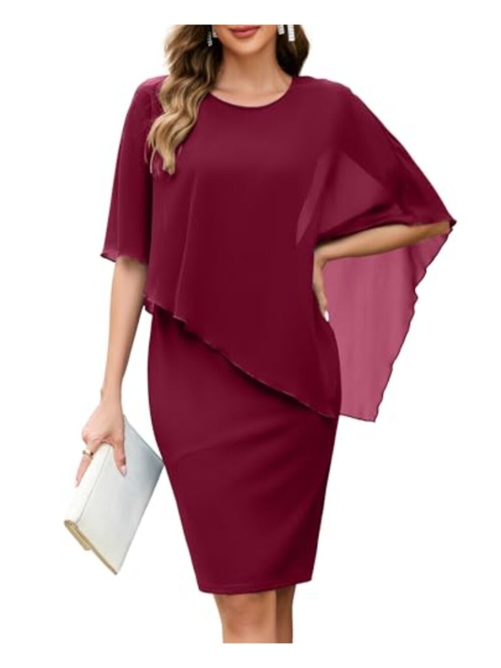 Chiffon Cape Sleeveless Sheath Midi Dress Wedding Guest
